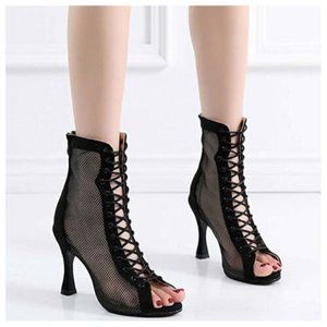 HROYL Open Toe Lace-up Ankle Boots Sz 7.5 Women Latin Salsa Ballroom Dance Shoes